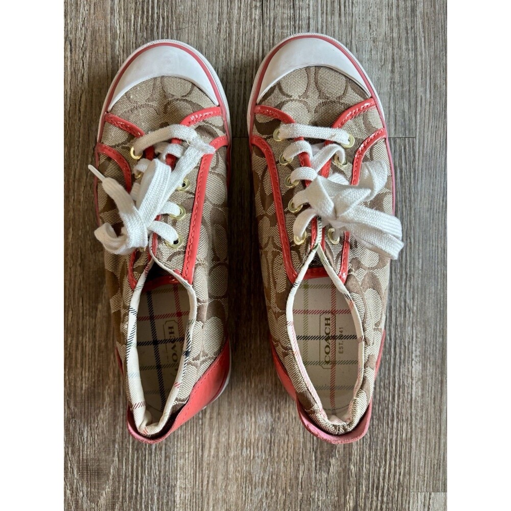 Coach Barrett Monogram Khaki Brown Pink Canvas Low Top Sneaker Tennis Shoe 7.5B - Picture 5 of 10